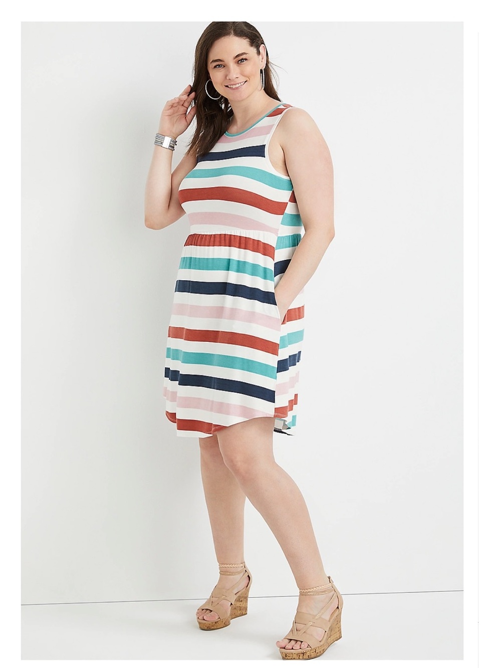 Maurices Plus Size 24/7 White Teal Striped Empire Waist Mini Dress with Pockets